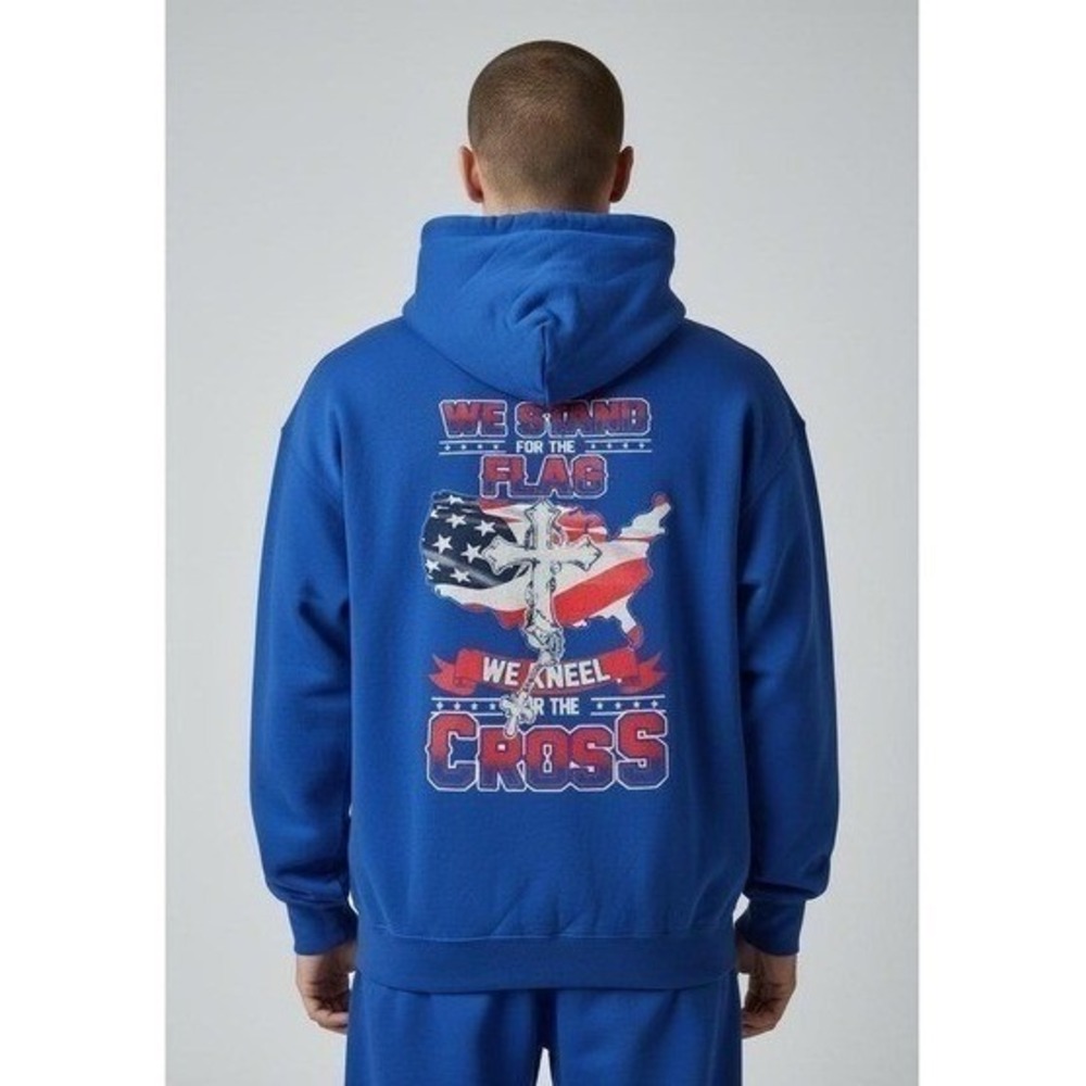 Gildan We Stand For The Flag We Kneel For The Cross‎ Blue Graphic Hoodie Mens L - Picture 2 of 11